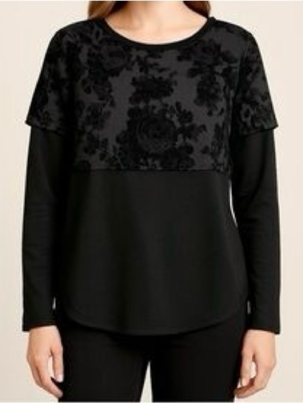 Joseph Ribkoff Black Long Sleeve Floral Burnout Panel Tee
